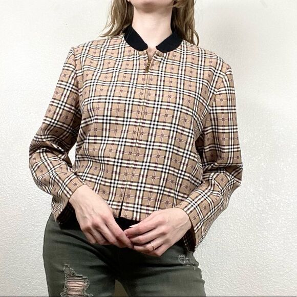 Vintage HalmodeTan Plaid Lightweight Zip Up Jacket Size L Petite - Picture 1 of 5